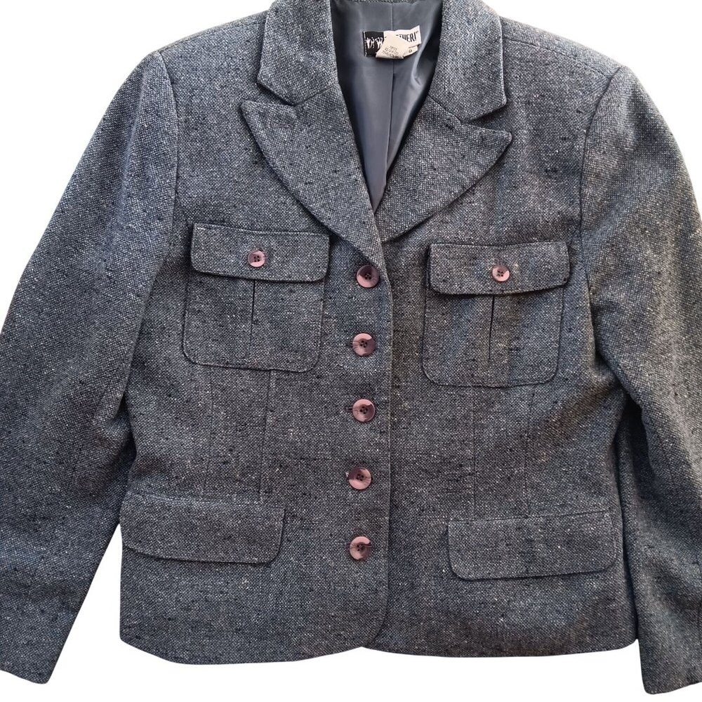 sz 8 Vintage Together Gray Wool Tweed Textured Blazer Jacket Cinchback 90s